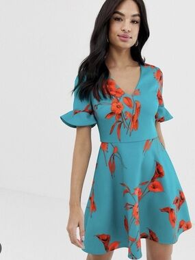 TED BAKER Fantasia floral print ruffle fit&flare full skirt skater dress size 0